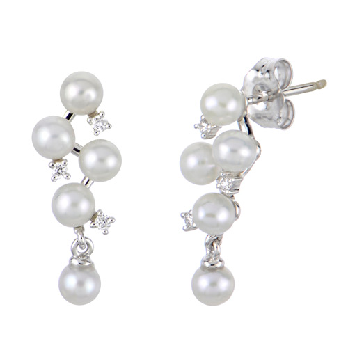 14k White Gold 4mm Freshwater Cultured Pearl and Diamond Cluster Dangle Earrings