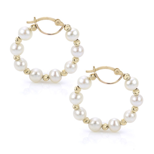 14k Yellow Gold Freshwater Cultured Pearl and Bead Hoop Earrings IP926627FW