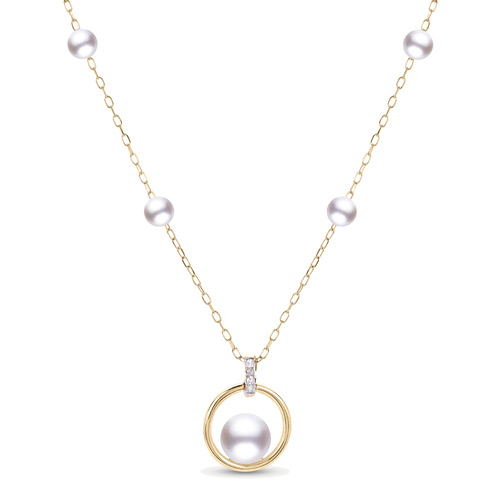 14k Yellow Gold Freshwater Cultured Pearl Halo Station Necklace With Diamonds