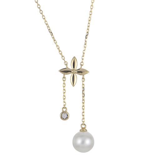 14k Yellow Gold 7mm Freshwater Cultured Pearl and Diamond Petal Flower Necklace