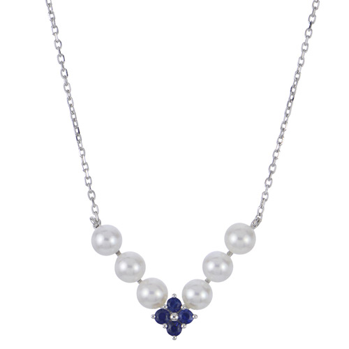 14k White Gold 6.5mm Freshwater Cultured Pearl and Blue Sapphire Flower Necklace