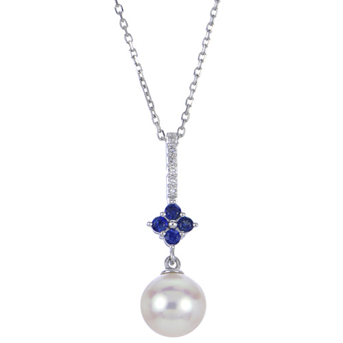 14k White Gold 8mm Single Freshwater Cultured Pearl and Blue Sapphire Flower Necklace