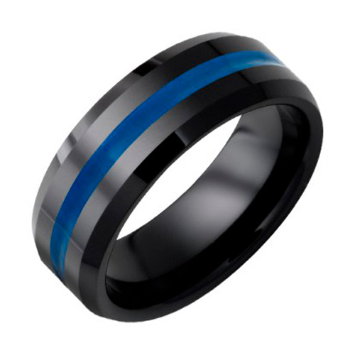 Black Ceramic Thin Blue Line Ring with 