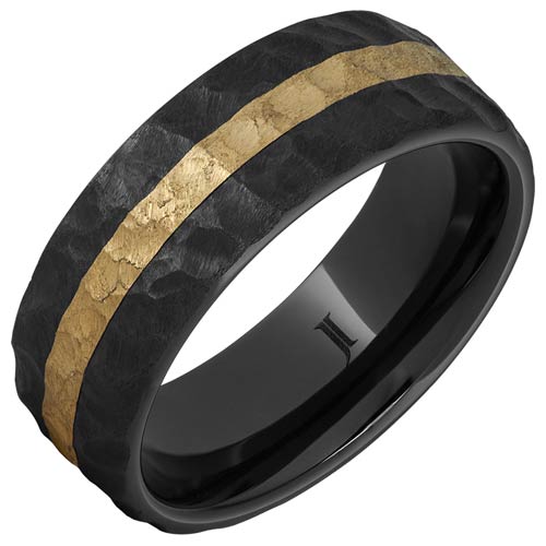 Thor Black Ceramic Ring with 14k Yellow Gold Inlay and Hammered Finish 8mm