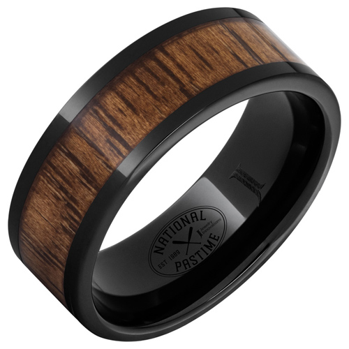 Black Ceramic Ring with Vintage Baseball Bat Hickory Wood Inlay