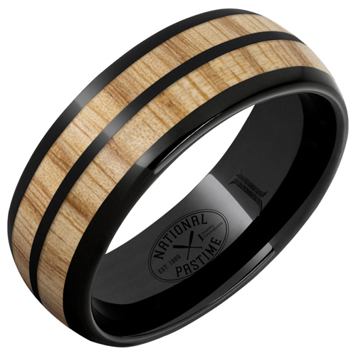 Black Ceramic Ring with Vintage Baseball Bat White Ash Wood Inlays