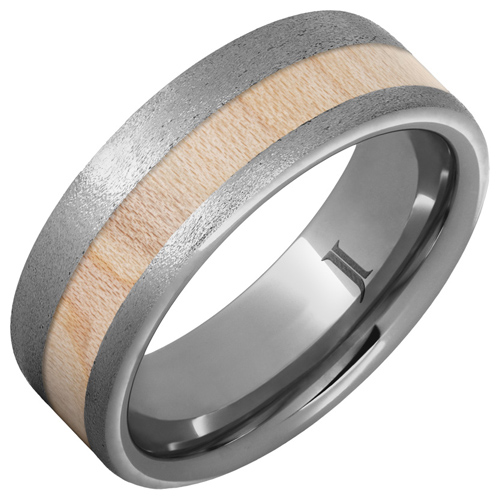 Tungsten Ring with Vintage Baseball Bat Maple Wood Inlay and Stone Finish