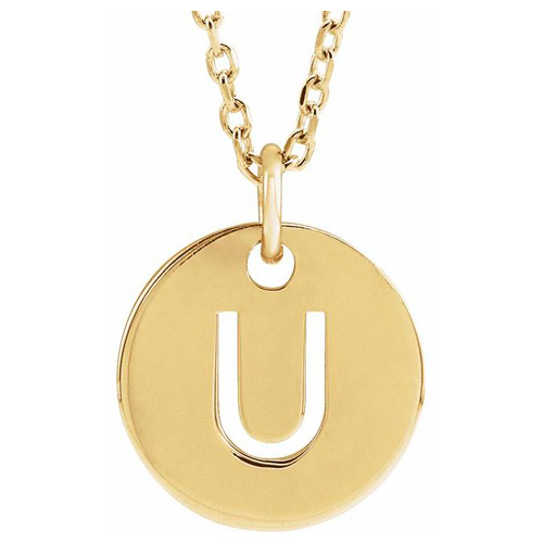 14k Yellow Gold Cut-out Initial U Disc Necklace