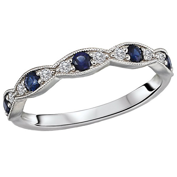 14k White Gold Sapphire and Diamond Ring With Scalloped Design