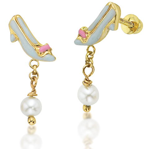 Cinderella Slipper Pearl Dangle Earrings - 14kt Yellow Gold