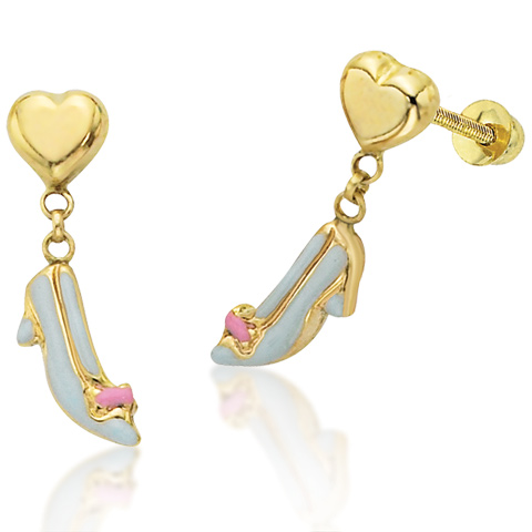 Cinderella Slipper Dangle Earrings - 14kt Yellow Gold