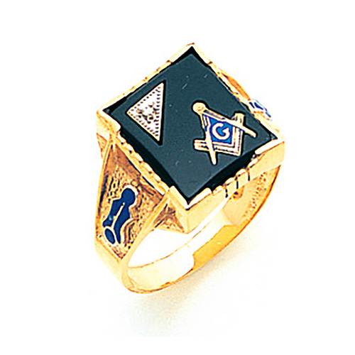 Dyed Onyx and Diamond Masonic Statement Band Ring 10K Yellow Gold Size 10