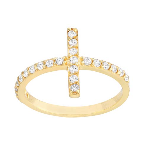 Gold-plated Sterling Silver Cubic Zirconia Sideways Cross Ring