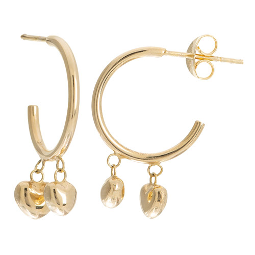 14k Yellow Gold Open Hoop Earrings With Dangle Puffed Hearts