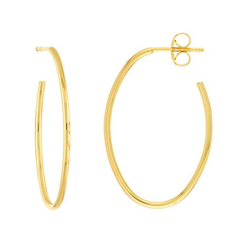 14k Yellow Gold Slender Open Post Oval Hoop Earrings 1in