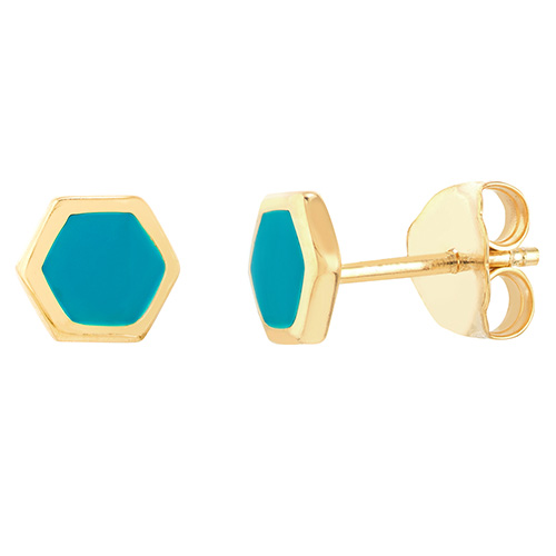 14k Yellow Gold Blue Enamel Hexagon Stud Earrings