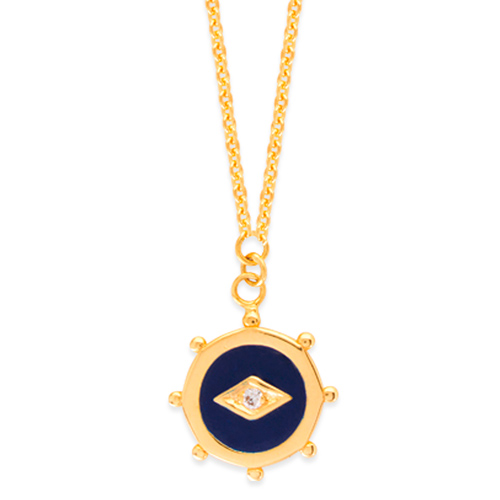 14k Yellow Gold .015 ct tw Diamond Ship's Wheel Necklace Blue Enamel