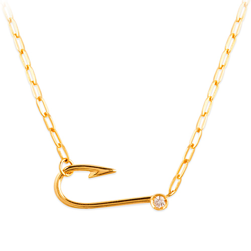 14k Yellow Gold Diamond Fishing Hook Necklace 18in