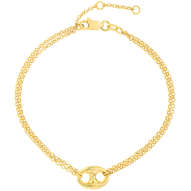 14k Yellow Gold Puffed Mariner Link Charm Strand Bracelet