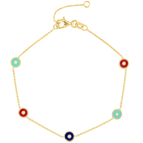 14k Yellow Gold Red Blue Green Evil Eye Charm Bracelet Y41-525830FM