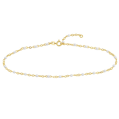 14k Yellow Gold White Enamel Bead Piatto Link Anklet