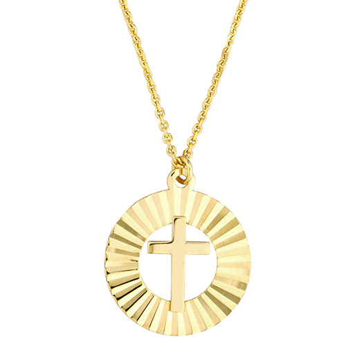 14k Yellow Gold Fluted Cross Medallion Necklace 20in