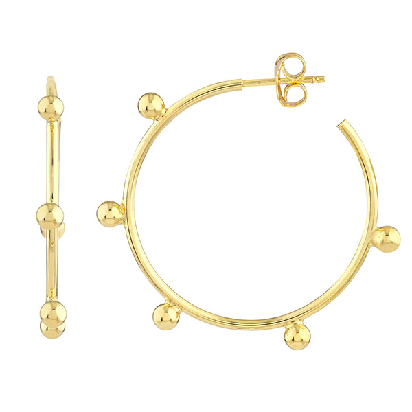 14k Yellow Gold Round Beaded Hoop Earrings 1in