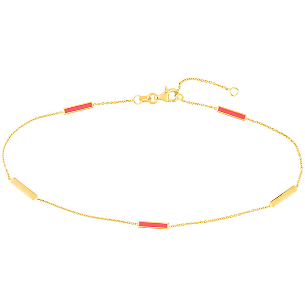 14k Yellow Gold Neon Pink Enamel Alternating Bar Station Anklet