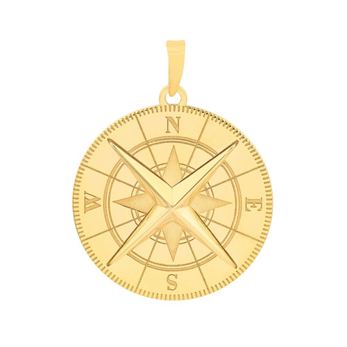 14k Yellow Gold Raised Nautical Compass Pendant 1in