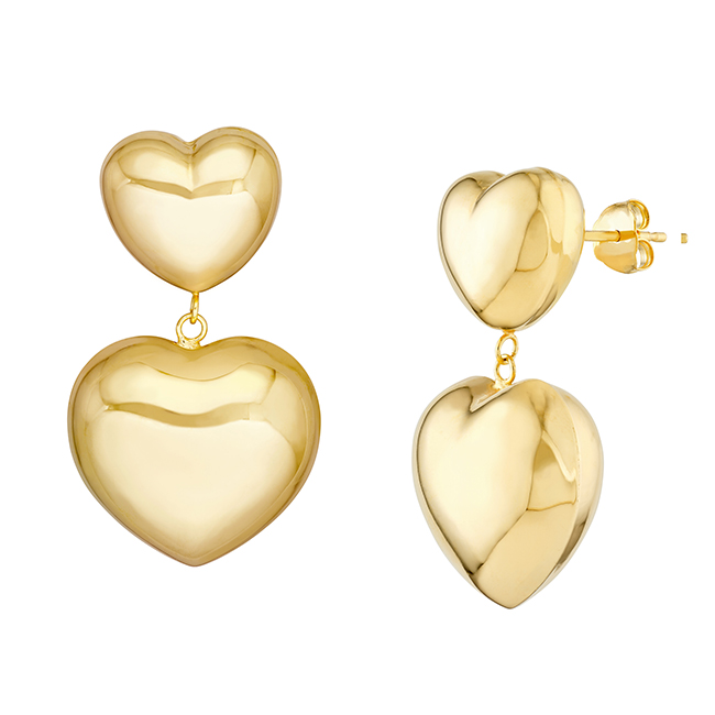 14k Yellow Gold Double Puff Heart Dangle Earrings