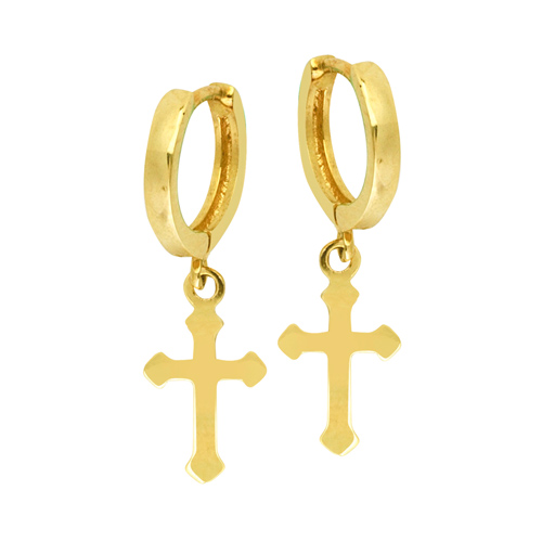14k Yellow Gold Small Hoop Earrings with Crosses - Cross Charm Drop ...