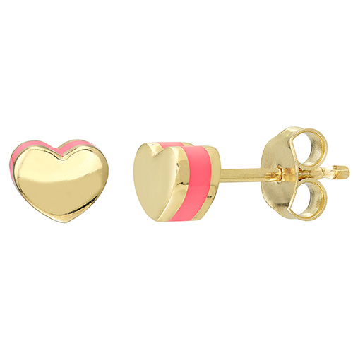 14k Yellow Gold Preppy Heart Stud Earrings with Pink Enamel