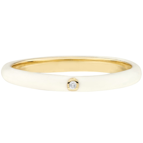 14k Yellow Gold .015 ct Diamond Bezel White Enamel Stackable Ring