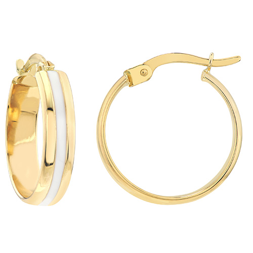 14k Yellow Gold White Enamel Hoop Earrings 5/8in