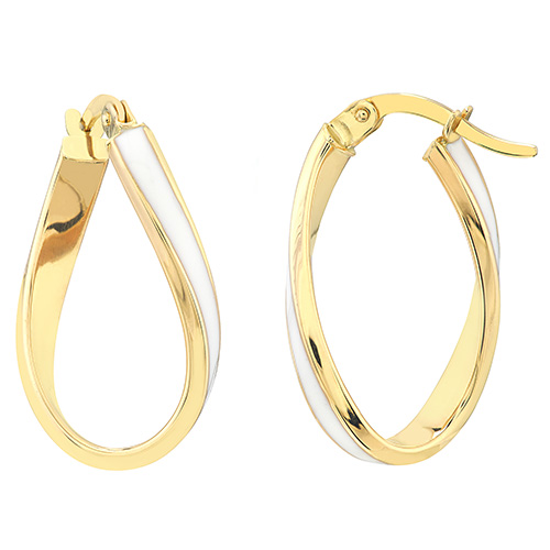 14k Yellow Gold White Enamel Oval Twist Hoop Earrings 5/8in