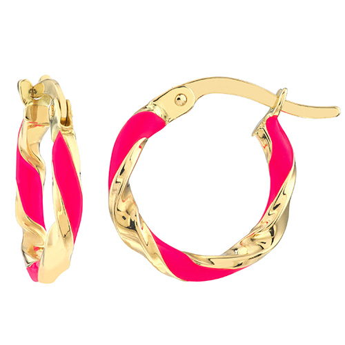 14k Yellow Gold Neon Pink Enamel Twist Huggie Hoop Earrings