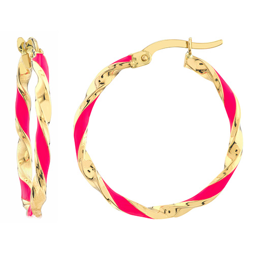 14k Yellow Gold Neon Pink Enamel Twist Hoop Earrings 3/4in