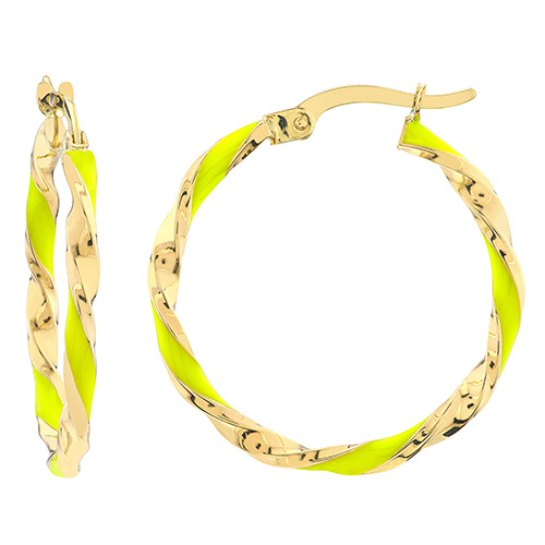 14k Yellow Gold Yellow Enamel Twist Hoop Earrings 3/4in