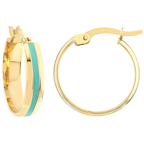 14k Yellow Gold Turquoise Enamel Hoop Earrings 5/8in