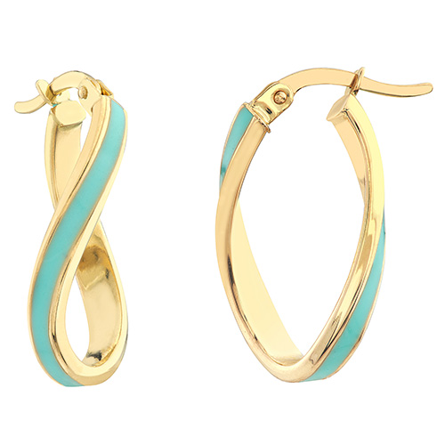 14k Yellow Gold Turquoise Enamel Oval Twist Hoop Earrings 5/8in