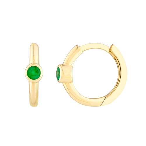 14k Yellow Gold .06 ct tw Emerald Bezel Hoop Earrings