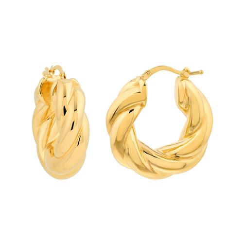 14k Yellow Gold Wide Twisted Puff Hoop Earrings 1in