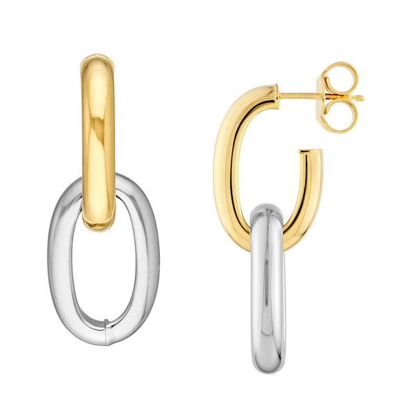 14k Two-Tone Gold Dangle Oval Hoop Earrings