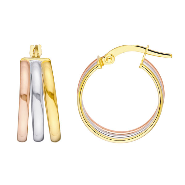 14k Tri Color Gold Small Round Triple Hoop Earrings