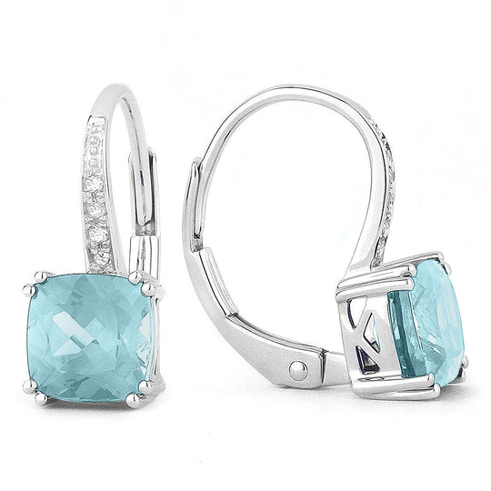 14k White Gold 2.5 ct tw Cushion Blue Topaz and Diamond Leverback Earrings AA Quality