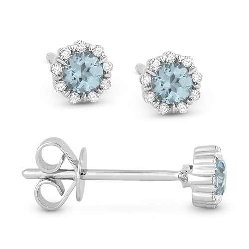 14k White Gold 0.20 ct tw Aquamarine and Diamond Halo Stud Earrings AA Quality