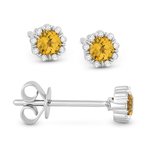 14k Yellow Gold 0.20 ct tw Citrine and Diamond Halo Stud Earrings AA Quality