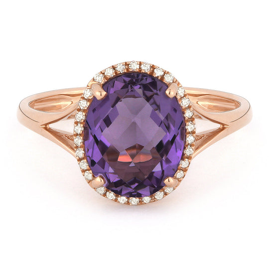 14k Rose Gold Oval Amethyst and Diamond Halo Ring