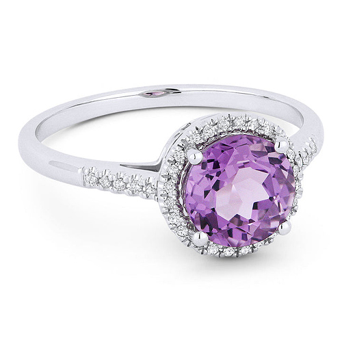 14k White Gold 7mm Amethyst and Diamond Halo Ring