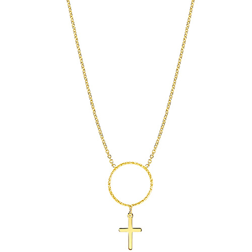 14k Yellow Gold Diamond-cut Open Circle and Cross Necklace